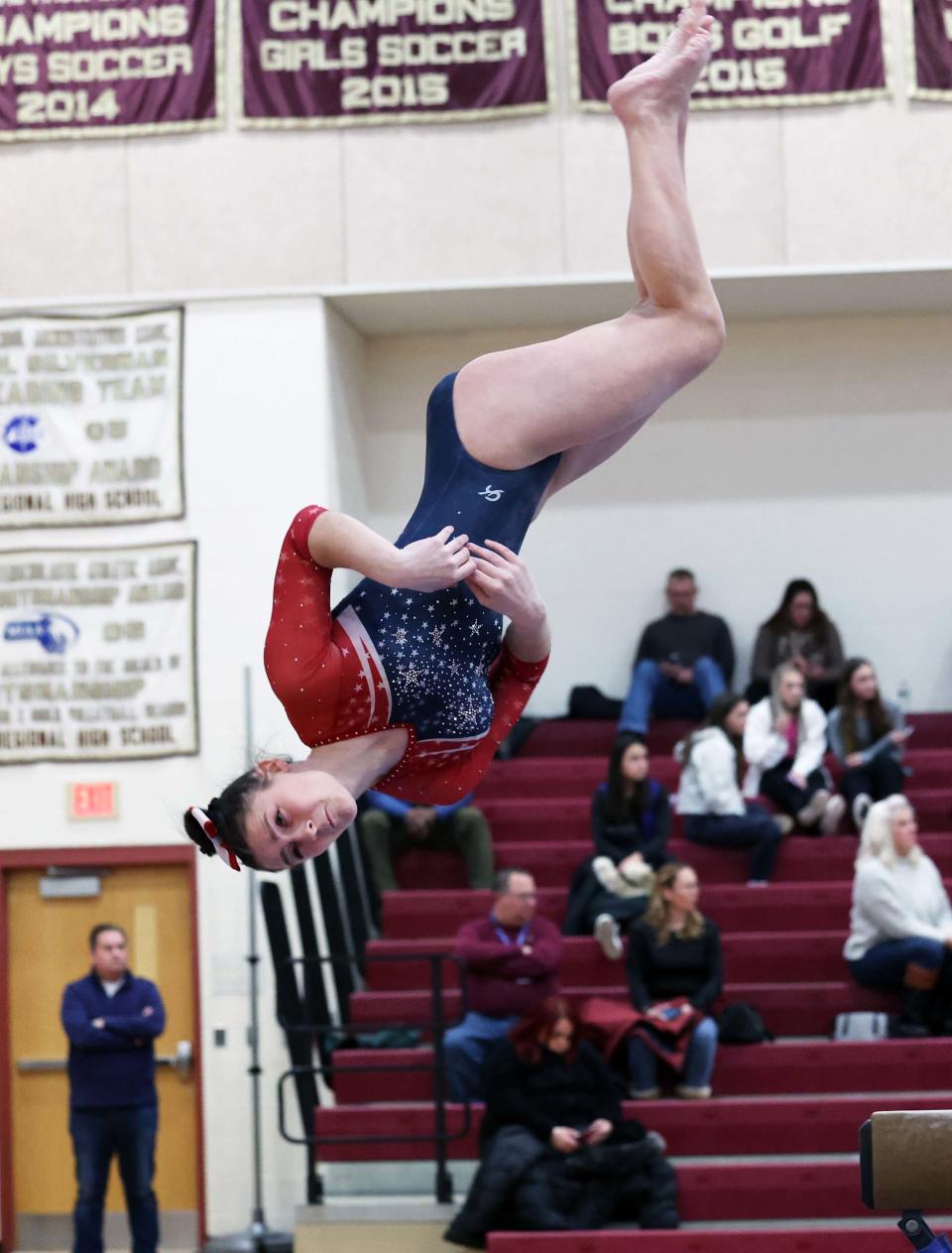 Bridgewater-Raynham/West Bridgewater's Lily Moreira on the beam routine during the South Sectional Tournament at Algonquin Regional High School on Saturday, Feb. 25, 2023.