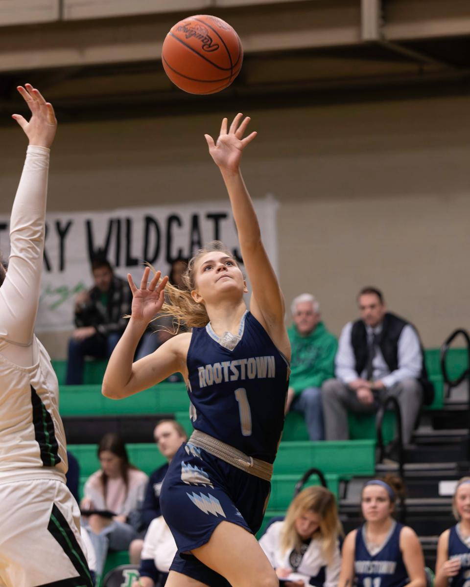 Rootstown forward Colbie Curall goes in to score during a high school basketball game against Mogadore, Wednesday, Feb. 7, 2024, in Mogadore, Ohio.
