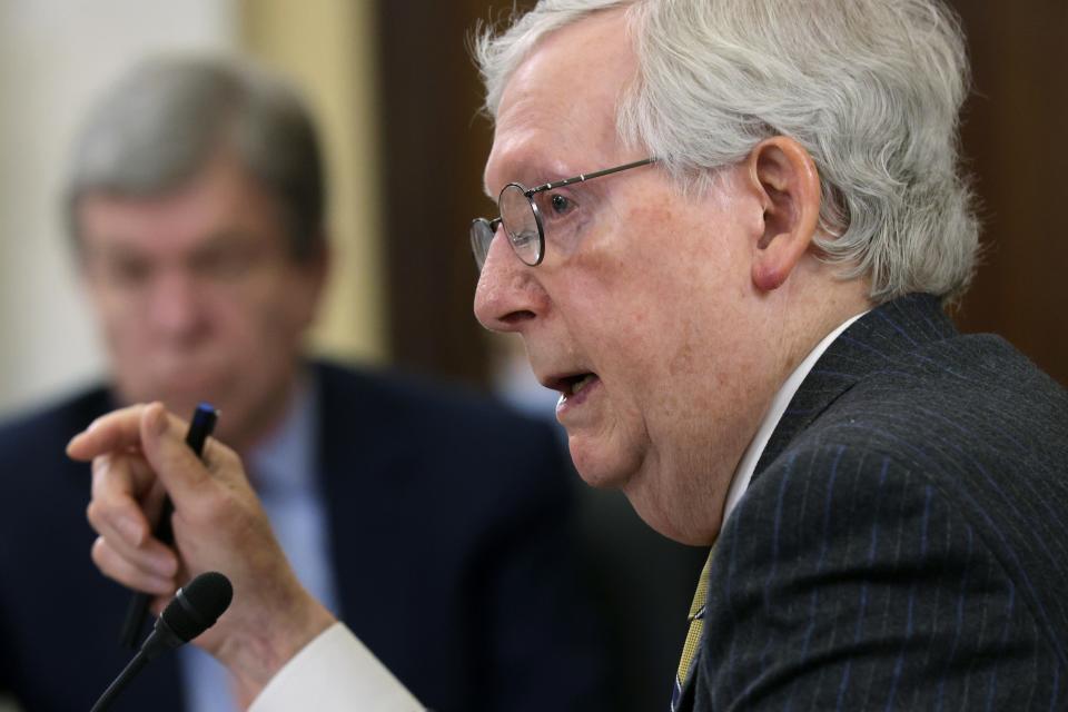 Senate Minority Leader Sen. Mitch McConnell, R-Ky., speaks during a hearing before the Senate Rules and Administration Committee on Wednesday.