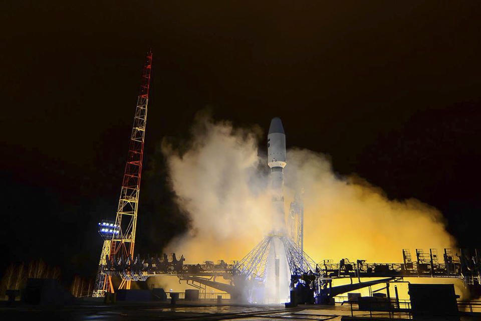 In this photo taken on Thursday, Oct. 25, 2018, and distributed by Roscosmos Space Agency Press Service, a Russian Soyuz-2 booster rocket takes off from the Plesetsk launch facility in northwestern Russia. The Russian Soyuz-2 rocket put a military satellite in orbit on Thursday Oct. 25, its first successful launch since a similar rocket failed earlier this month to deliver a crew to the International Space Station.(Roscosmos Space Agency Press Service via AP)