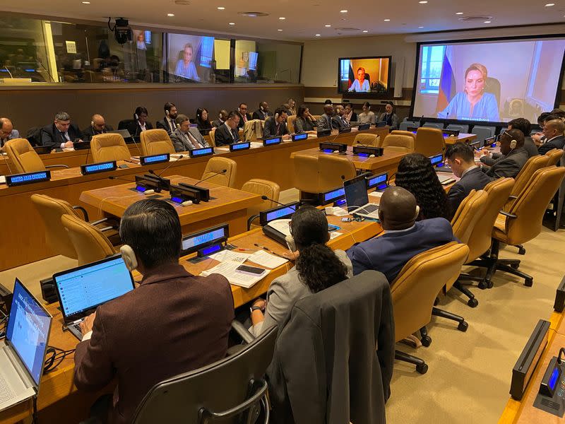 Russia's Commissioner for children's rights Maria Lvova-Belova addresses an informal meeting of U.N. Security Council members via video, in New York