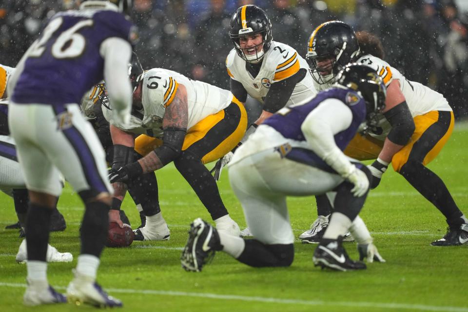 Jan 6, 2024; Baltimore, Maryland, USA; Pittsburgh Steelers quarterback Mason Rudolph (2) leads the offense in the first quarter touchdown against the Baltimore Ravens at M&T Bank Stadium. Mandatory Credit: Mitch Stringer-USA TODAY Sports