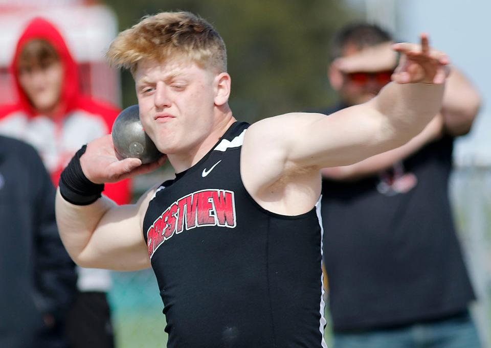 Crestview's Wade Bolin competes in the shot put at the Mapleton Nigh Invitational Friday, April 29, 2022 at Mapleton High School. TOM E. PUSKAR/TIMES-GAZETTE.COM