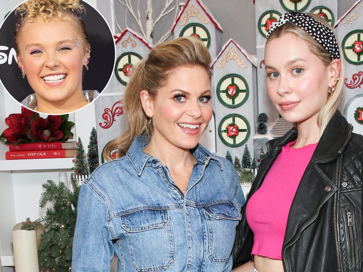 Jojo Siwa smiles while posing on the red carpet, inset; Candace Cameron Bure and daughter Natasha pose together for a photo.