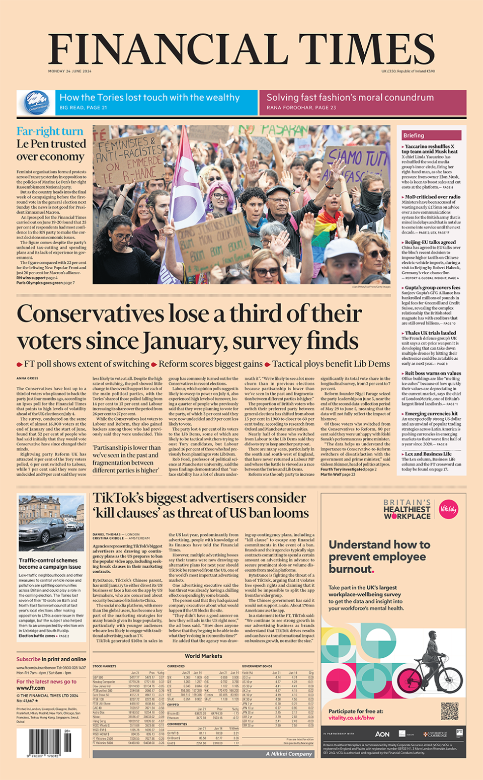 Financial Times headline: 'Conservatives lose a third of their voters since January, survey finds'