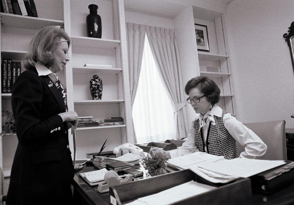 Rosalynn Carter at work in the White House, with her personal assistant, Madeline MacBean,  March 1977