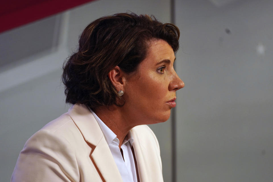 Kentucky democratic candidate for US Senate Amy McGrath replies to Senate Majority Leader Mitch McConnell, R-Ky., during a debate in Lexington, Ky., Monday, Oct. 12, 2020. (Michael Clubb, The Kentucky Kernel via AP Pool)