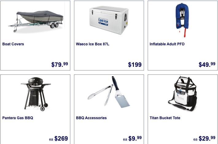 Boating and barbecue gear selling as Aldi Special Buys.