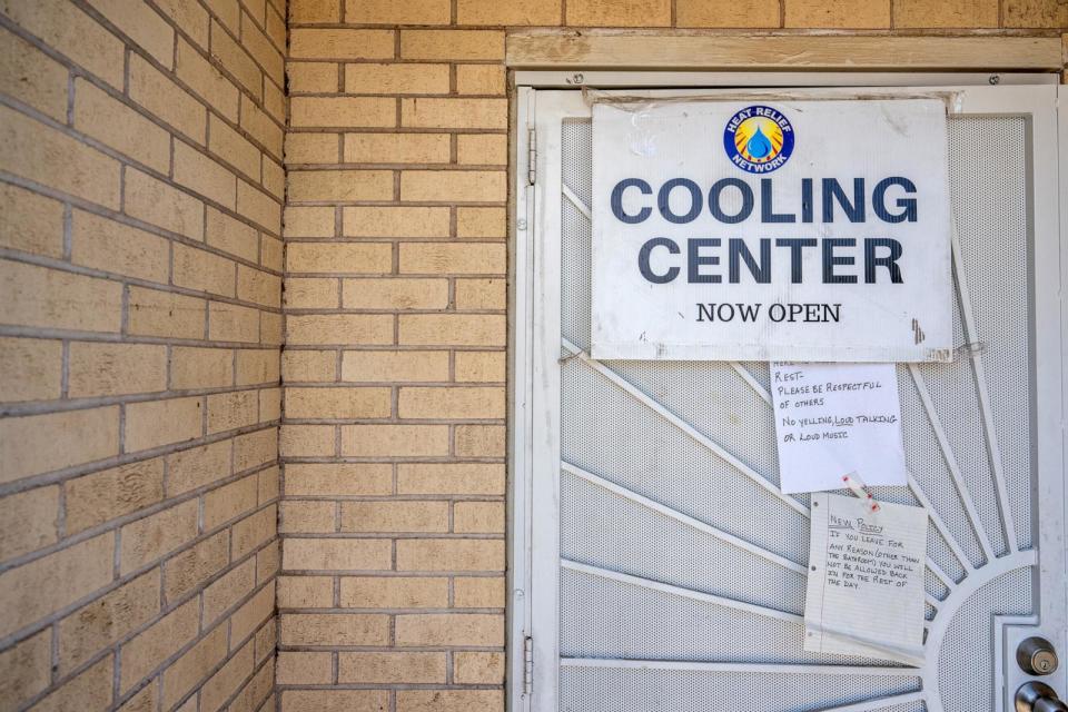 PHOTO: In this July 14, 2023, file photo, instructions are seen displayed on a door at the entrance of the First Congregational United Church of Christ cooling center, in Phoenix, Arizona.  (Brandon Bell/Getty Images, FILE)