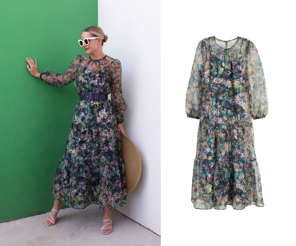 Long Sleeve Floral Sheer Tiered Maxi Dress. Images via Nordstrom.