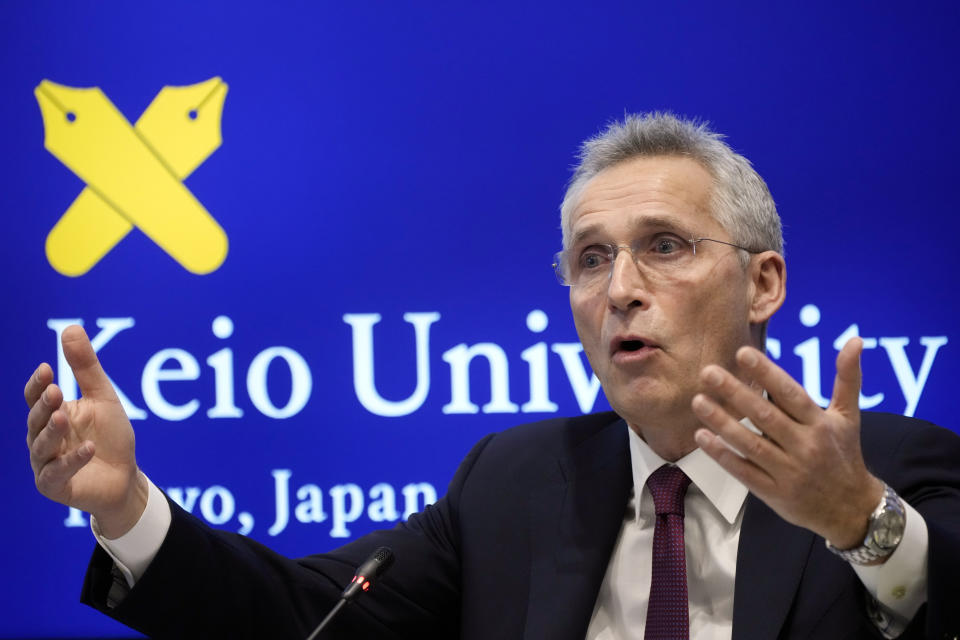 NATO Secretary-General Jens Stoltenberg answers a question from students at Keio University in Tokyo, Wednesday, Feb. 1, 2023. (AP Photo/Eugene Hoshiko)