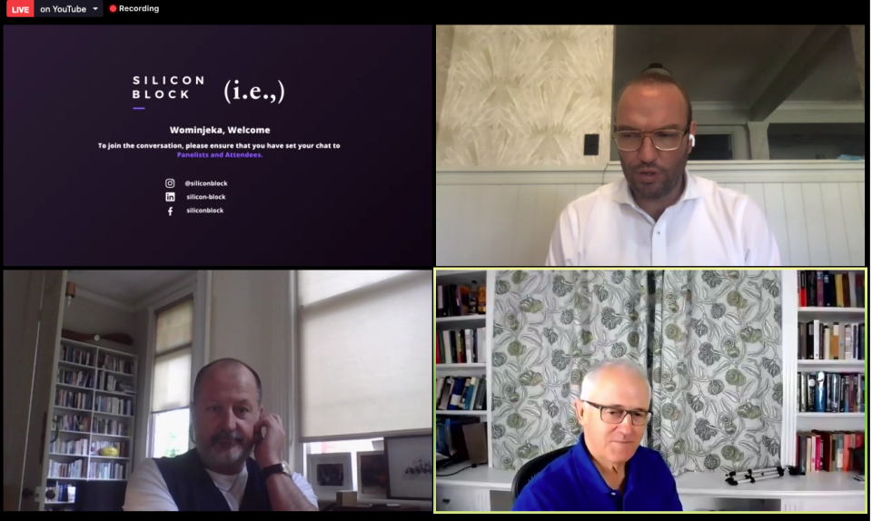 Former Prime Minister Malcolm Turnbull spoke in a virtual fireside chat with Melbourne start-up Silicon Block's Rhys Hayes and PwC chief creative officer Russel Howcroft on Thursday. (Source: Yahoo Finance screenshot)