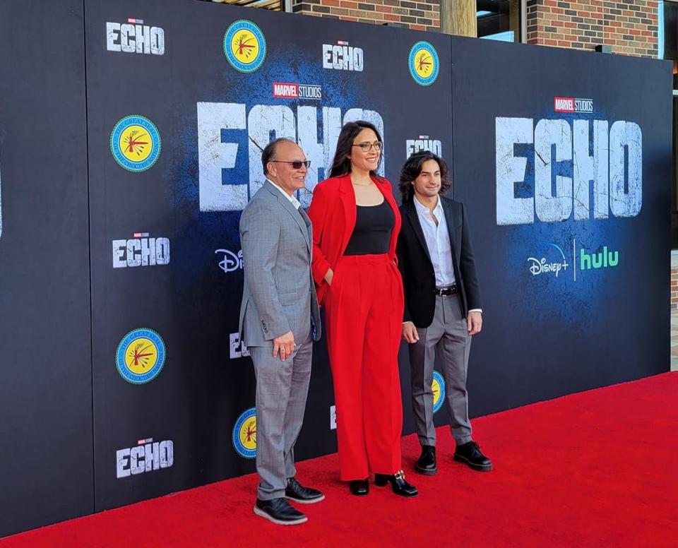 From left, Choctaw Nation Chief Gary Batton, Navajo filmmaker Sydney Freeland, a director and executive producer on the upcoming Marvel Studios series "Echo, and "Echo" executive producer Richie Palmer appear at a red carpet event in November at the Choctaw Cultural Center in Calera.