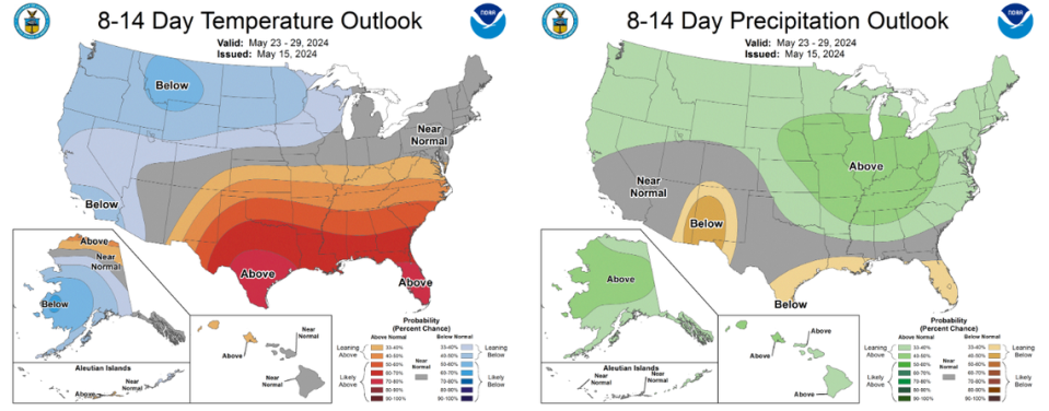 National Weather Service Memorial Day weekend 2024 predictions for temperatures and rain chances.