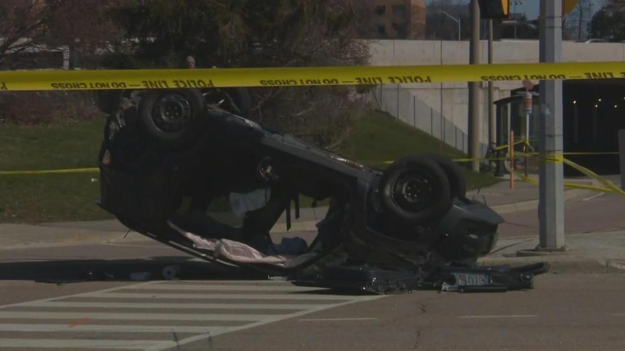 Peel paramedics told CBC Toronto three adults were taken to hospital as a result of the crash, two women with life-threatening injuries and one person, whose sex was unknown, with minor injuries.   (CBC - image credit)