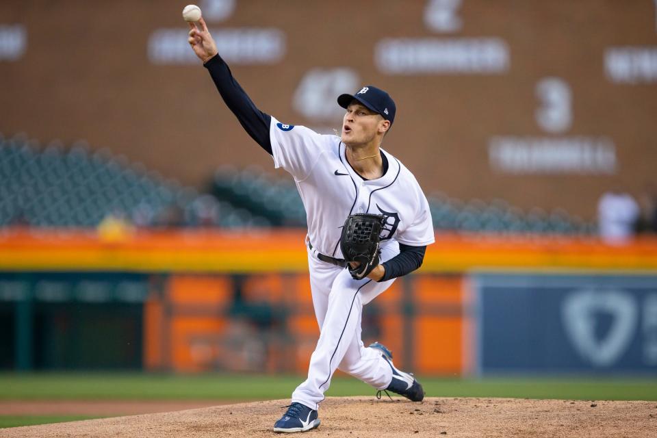 Detroit Tigers starting pitcher Matt Manning (25) pitches during the first inning against the Chicago White Sox at Comerica Park.