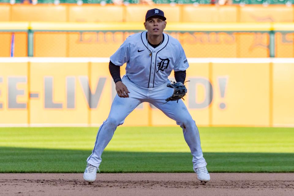 Detroit Tigers third base Gio Urshela gets set for the pitch against the Minnesota Twins during game two of a doubleheader at Comerica Park on April 13, 2024, in Detroit, Michigan.