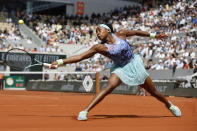 FILE - Coco Gauff returns the ball to Sloane Stephens during their quarterfinal match of the French Open tennis tournament at the Roland Garros stadium Tuesday, May 31, 2022 in Paris. Gauff acknowledges she tends to be in a bit of a hurry as she moves through life. (AP Photo/Jean-Francois Badias, File)