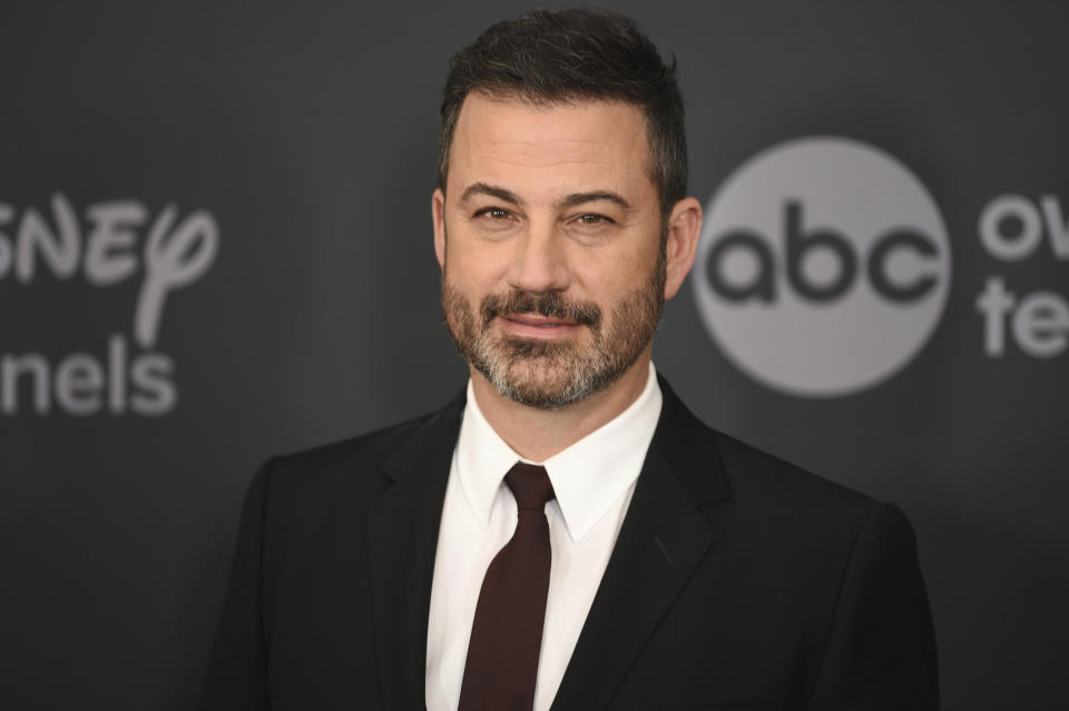 FILE - This May 14, 2019 file photo shows Jimmy Kimmel at the Walt Disney Television 2019 upfront in New York. Kimmel apologized Tuesday for his 1990s blackface impressions of NBA player Karl Malone and other Black celebrities but, in a lengthy statement, said he was frustrated that his “thoughtless moments” are being used to diminish his criticism of injustices. (Photo by Evan Agostini/Invision/AP, File)