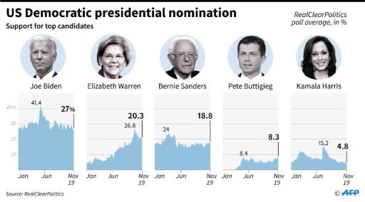 Chart showing support for top candidates in the US Democratic presidential nomination race as of Nov 19, according to RealClearPolitics polling average