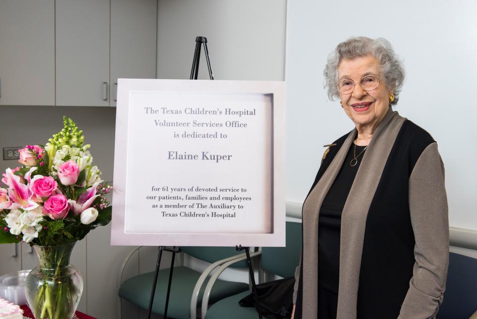 Texas Children's Hospital honored Elaine Kuper, 100, for her 61 years of volunteering by naming the hospital's volunteer services office after her. Kuper retired from volunteerism in 2015.