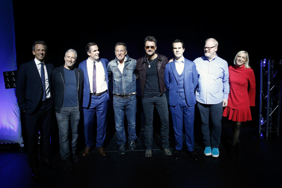 (From left) Seth Meyers, Stewart, Bob Woodruff, Bruce Springsteen, Eric Church, Jimmy Carr, Jim Gaffigan and Lee Woodruff at Stand&nbsp;Up&nbsp;for&nbsp;Heroes, which raised funds for injured veterans and their families. It marked the start of the New York Comedy Festival. (Photo: Brian Ach via Getty Images)