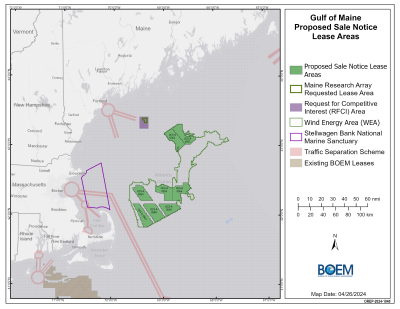 Proposed lease areas for the offshore wind energy auction in the Gulf of Maine.