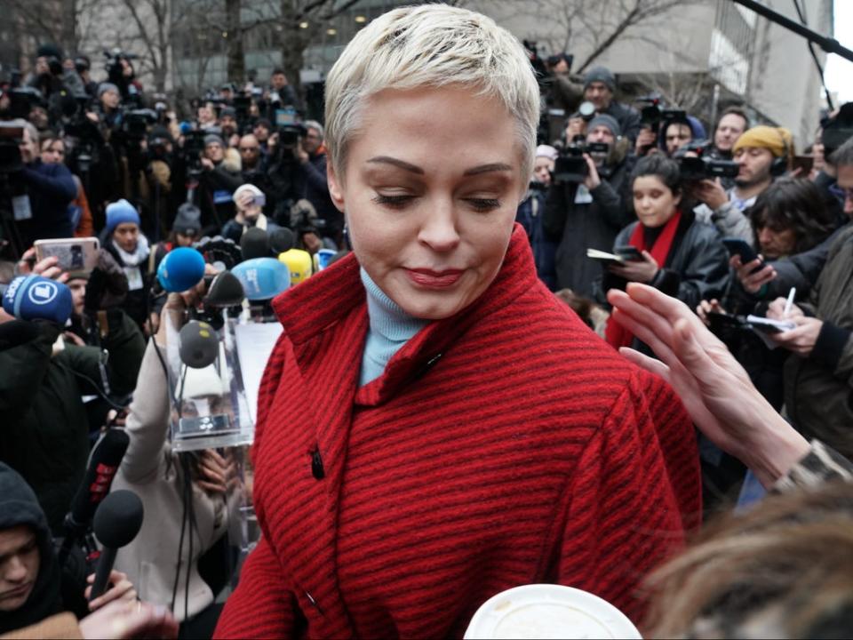 Actress Rose McGowan speaks during a press conference (AFP via Getty Images)