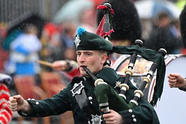 ALDERSHOT, ENGLAND - MARCH 17: A general view of a piper in the Irish Guards during the St. Patrick's Day Parade at Mons Barracks on March 17, 2023 in Aldershot, England. Catherine, Princess of Wales attends the parade for the first time as Colonel of the Regiment succeeding The Prince of Wales, the outgoing Colonel. (Photo by Stuart C. Wilson/Getty Images)