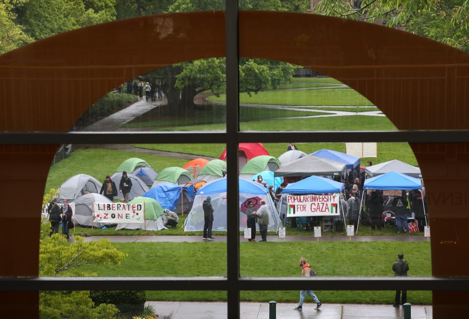A coalition of University of Oregon student groups join forces to camp on campus demanding justice in the Palestinian territories. On Monday morning April 29, 2024 over 30 tents and other structures were in place between Lillis Hall and the Knight Library on the UO campus in Eugene.