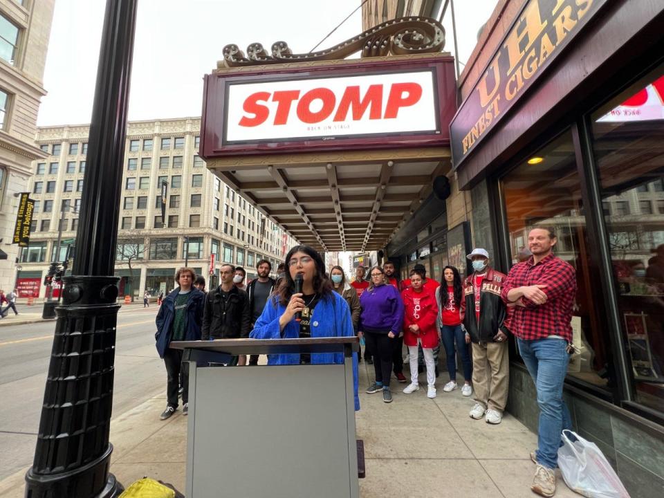 Lulu Sanchez, who works in the box office for PTG Live, speaks in June advocating for Pabst Theater Group to recognize their union. On Thursday workers voted to ratify a contract with the company which operates six venues in Milwaukee.