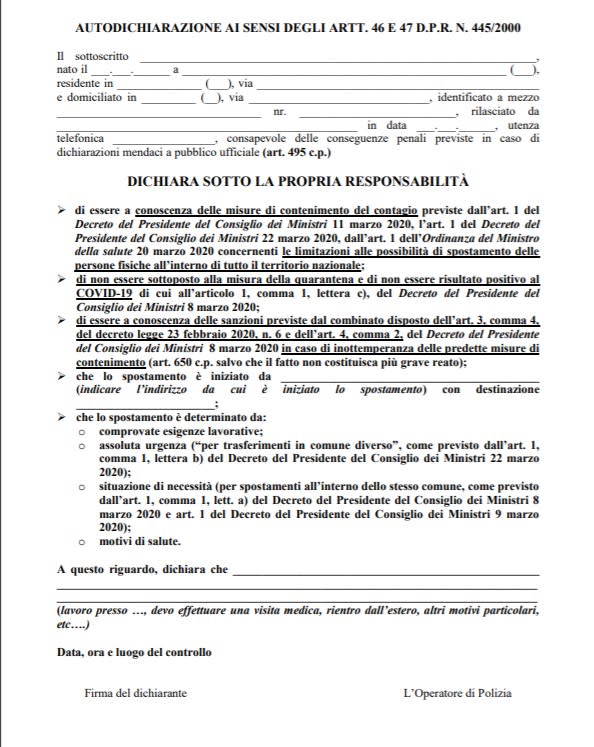 Nuovo modulo di autocertificazione