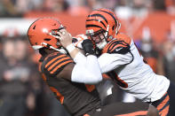 Cincinnati Bengals outside linebacker Nick Vigil, right, recovers a fumble against Cleveland Browns tight end David Njoku during the first half of an NFL football game, Sunday, Dec. 8, 2019, in Cleveland. (AP Photo/David Richard)