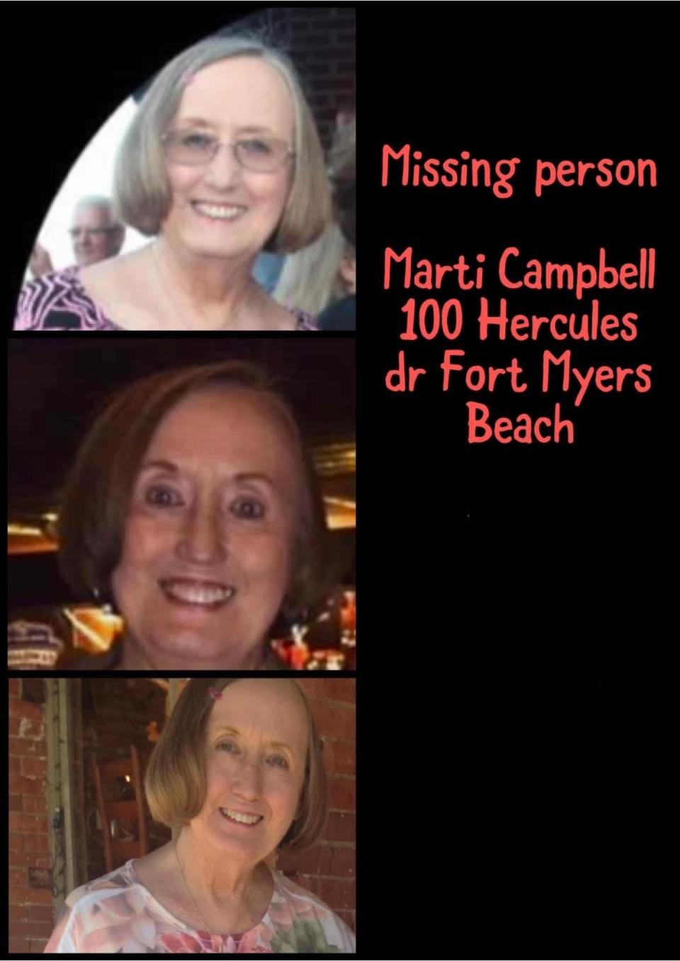 Friends and family have posted images of Marti Campbell of Fort Myers Beach on Facebook. She's been missing since Hurricane Ian.