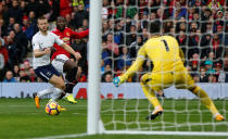 <p>Manchester United’s Romelu Lukaku shoots at goal</p>