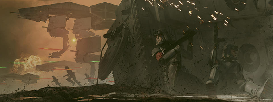 <p>Clyne’s concept for an early battle scene featuring Imperial forces on the swamp planet of Mimban is recreated almost identically in the Ron Howard film. (Image courtesy of Abrams Books/Lucasfilm Ltd.) </p>