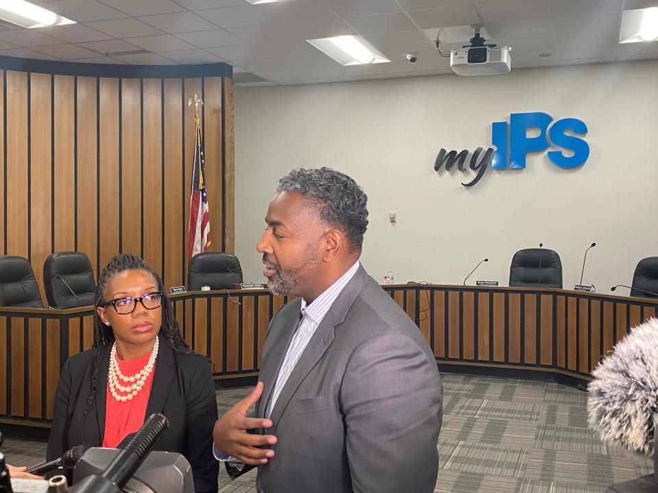 Indianapolis Public Schools Superintendent Aleesia Johnson and board president Evan Hawkins speak with reporters after the board approved the Rebuilding Stronger plan on Thursday, Nov. 17, 2022 at the the board room of the John Morton-Finney Center for Educational Services.