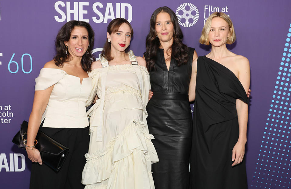 (L-R) Jodi Kantor, Zoe Kazan, Megan Twohey and Carey Mulligan attend the red carpet event for "She Said" during the 60th New York Film Festival at Alice Tully Hall, Lincoln Center on October 13, 2022 in New York City.