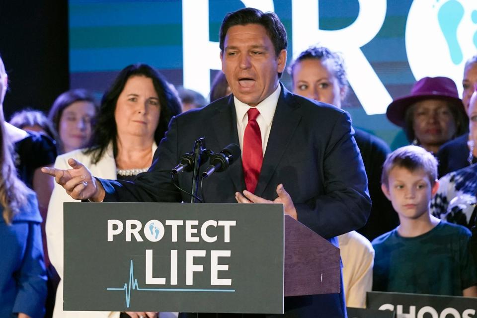 Florida Gov. Ron DeSantis speaks to supporters before signing a 15-week abortion ban into law on April 14 in Kissimmee.