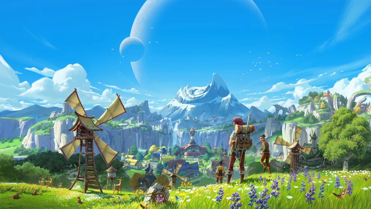  Palia key art - a grassy plain with a mountain in the background where a character stands with a backpack in front of a windmill. 