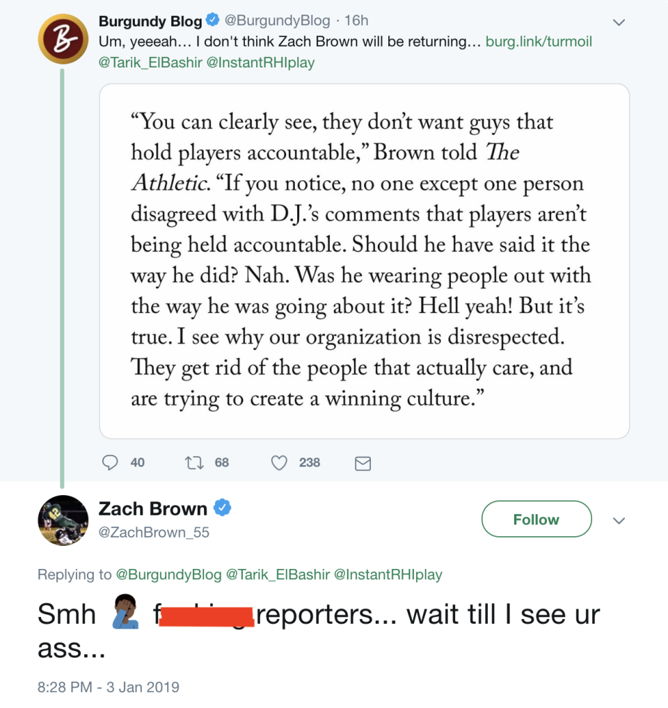 Zach Brown wasn’t happy about his own quote. (Screengrab via Twitter)