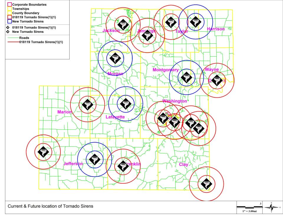 This map shows where the current outdoor warning sirens (red) and the five that will be installed in February 2024 (blue) are located in Owen County.