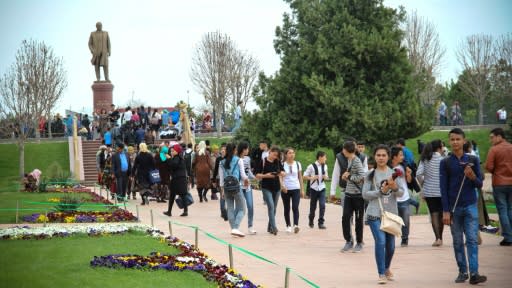 The statue of Islam Karimov, who ruled the country from before independence in 1991 until his death in 2016, is a popular site for tourists visiting Samarkand