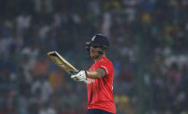 Cricket - England v New Zealand - World Twenty20 cricket tournament semi-final - New Delhi, India - 30/03/2016. England's Jason Roy celebrates scoring his half century. REUTERS/Adnan Abidi