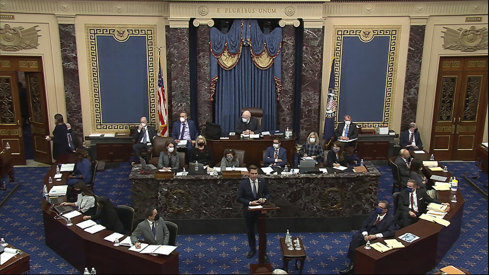 In this image from video, House impeachment manager Rep. Eric Swalwell, D-Calif., speaks during the second impeachment trial of former President Donald Trump in the Senate at the U.S. Capitol in Washington, Wednesday, Feb. 10, 2021. (Senate Television via AP)