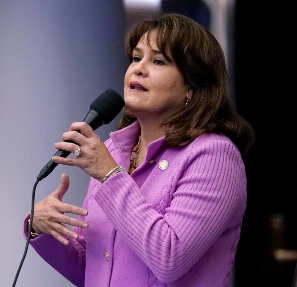 Florida Sen. Annette Taddeo speaks during a legislative session, Friday, April 30, 2021, at the Capitol in Tallahassee, Fla.