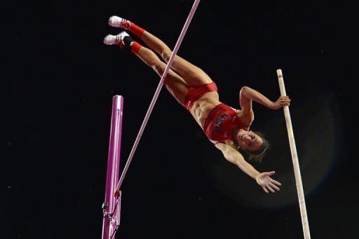 US' Jennifer Suhr competes to win the women's pole vault final at the athletics event of the London 2012 Olympic Games on August 6, 2012 in London. A