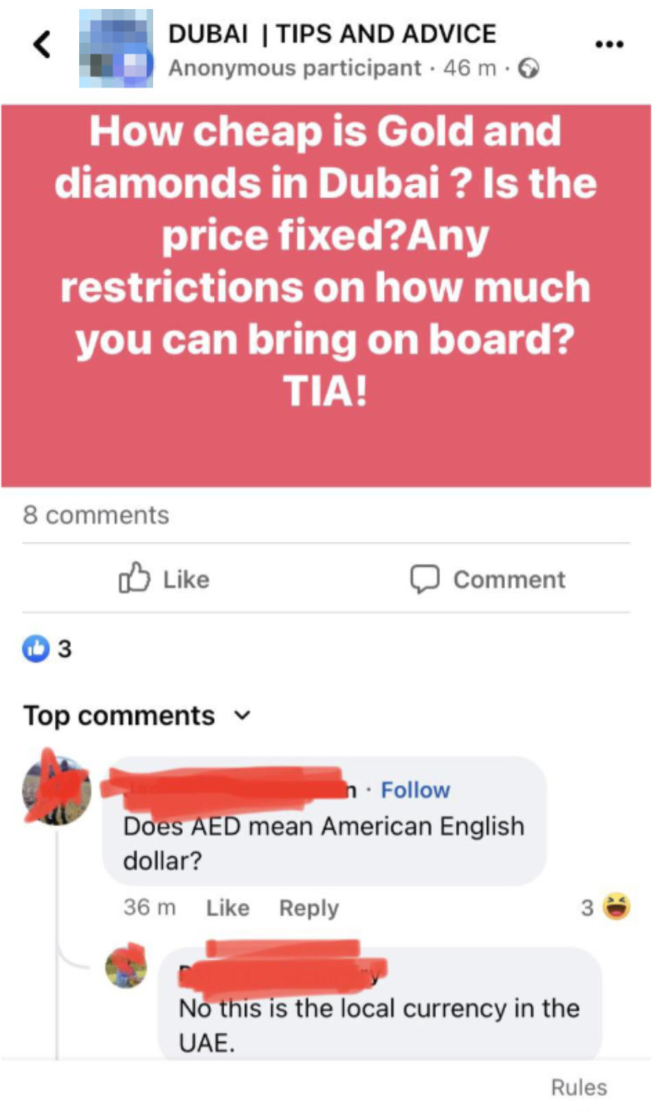The image shows a screenshot of a social media post asking for tips on how to buy gold in Dubai and whether the price is fixed. There are comments below, one asking what "AED" means