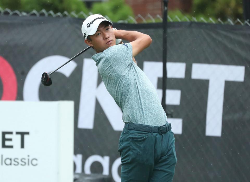 Collin Morikawa tees off on the par-4 eighth hole during the final round of the Rocket Mortgage Classic at the Detroit Golf Club on Sunday, July 2, 2023.