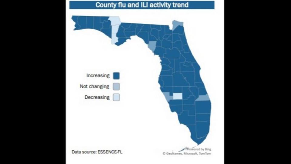El mapa de revisión de la influenza en la Florida en la semana del 23 al 29 de octubre de 2022, muestra la tendencia de la actividad de la influenza y de las enfermedades similares a la influenza, que está aumentando en la mayor parte del estado.